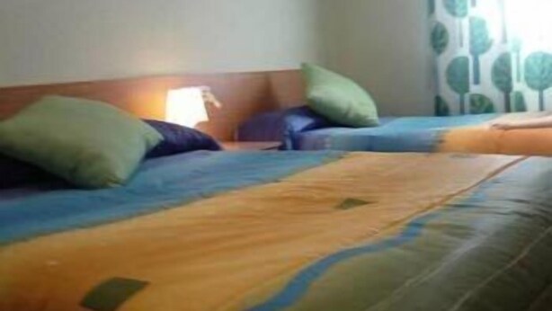 A hotel room with two beds, each with a blue and orange bedspread, and green pillows. - Hostal Emilio (Madrid)