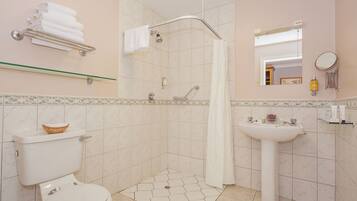A bathroom with a toilet, shower, sink, and a mirror.