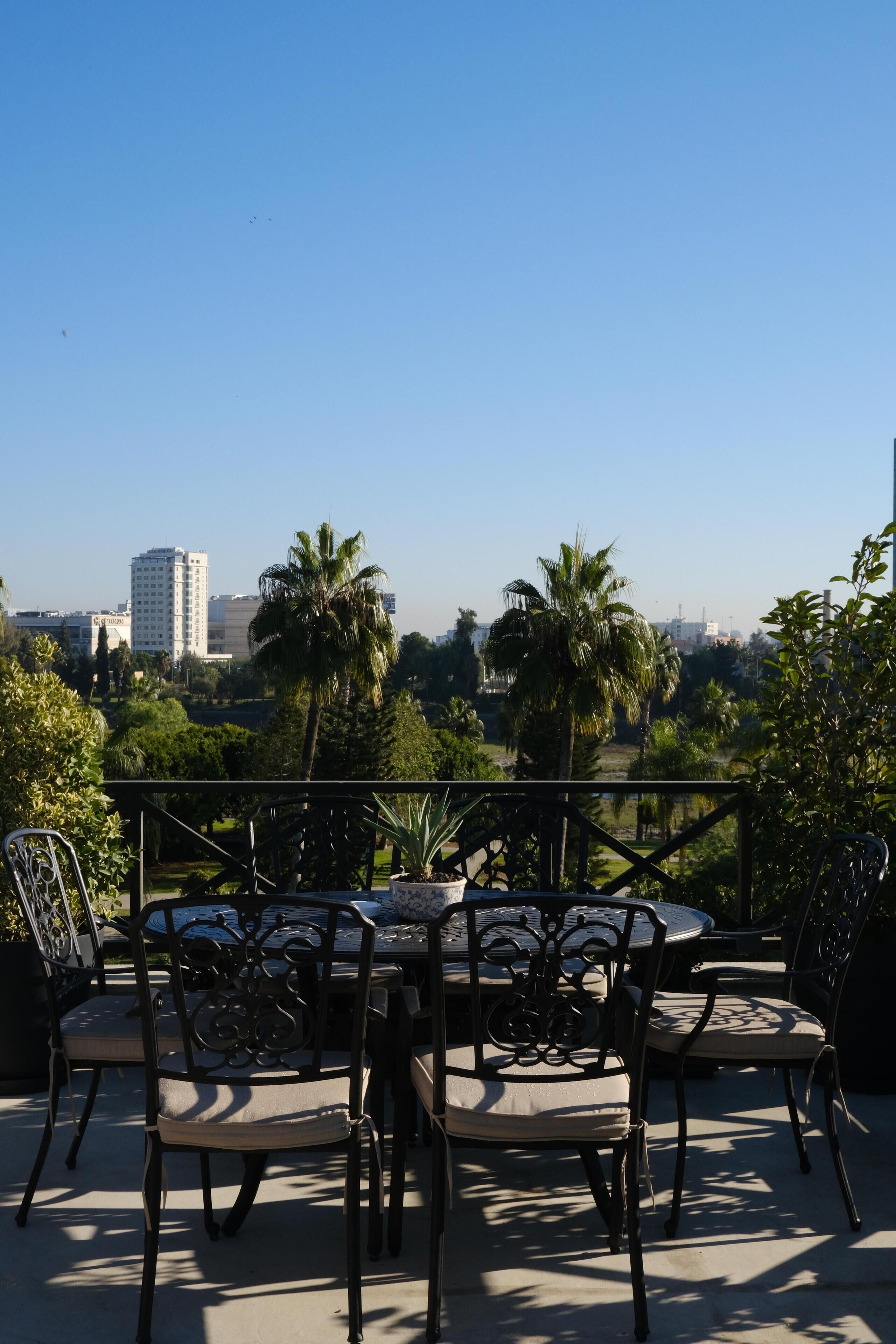 Una terraza con mobiliario exterior, vistas a palmeras y edificios al fondo.