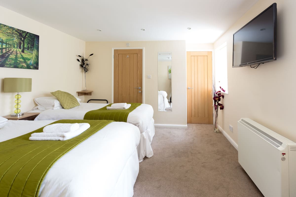 A hotel room with two beds, a TV, a mirror, and a radiator.