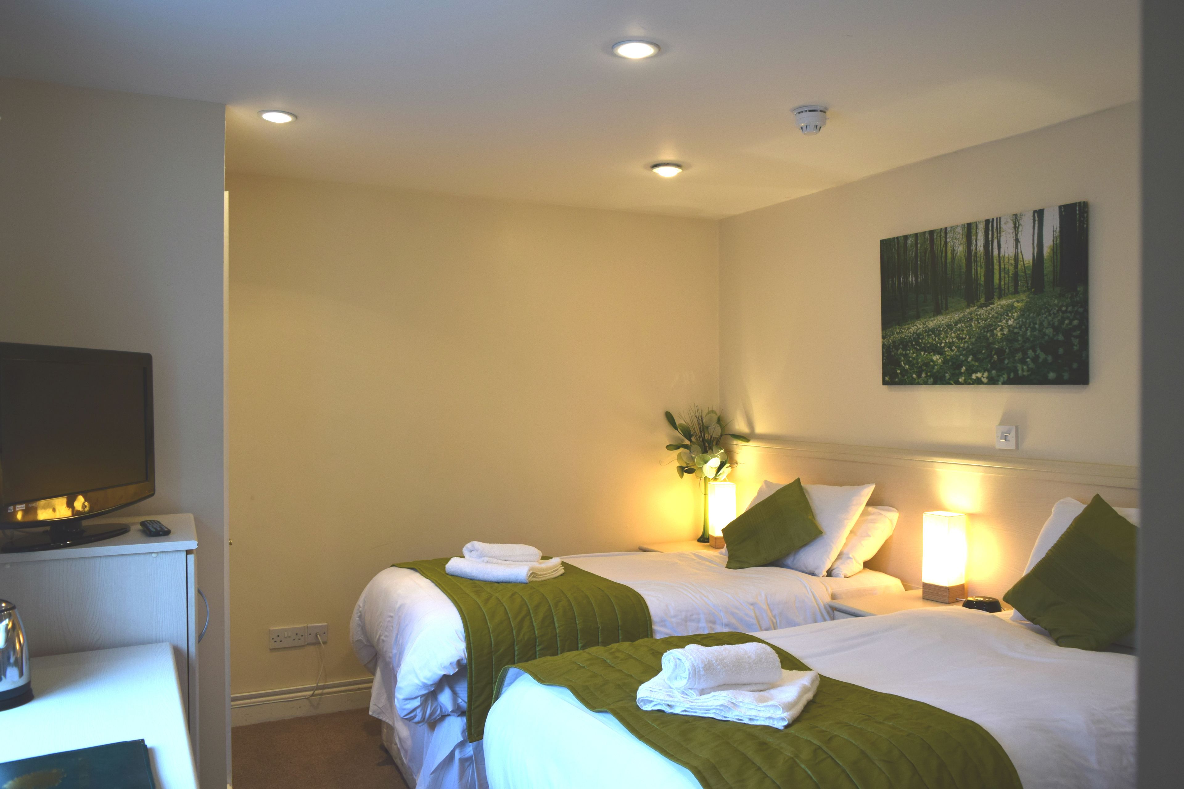 A hotel room with two beds, a television, a desk, and a painting on the wall.