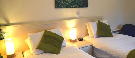 Habitación de hotel con dos camas, cada una con ropa blanca y almohadas verdes. Se observa un mesita de noche con una lámpara y una planta a la izquierda. Un cuadro de un bosque adorna la pared sobre las camas.