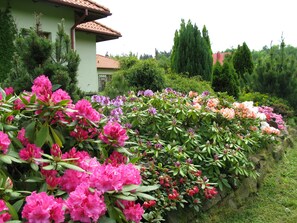 Un jardin où l’on trouve différentes espèces de plantes à fleurs et un bâtiment doté d’un toit recouvert de tuiles.