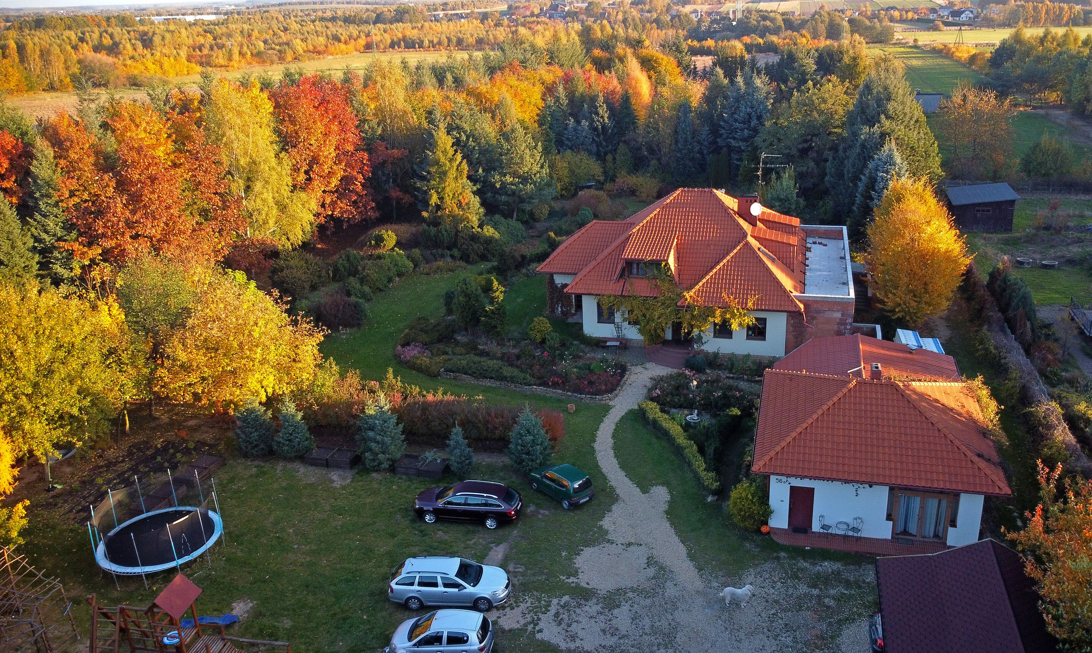 Zona residencial con dos casas, un camino de entrada y un trampolín.