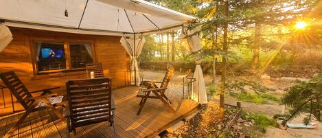 Una cabaña de madera con terraza, dos sillas, un televisor y una zona cubierta con vistas al bosque.