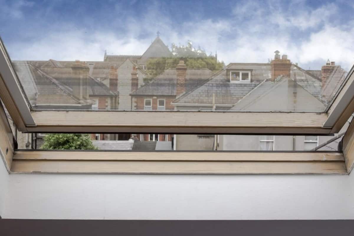 A skylight window overlooking a row of residential buildings with pitched roofs.
