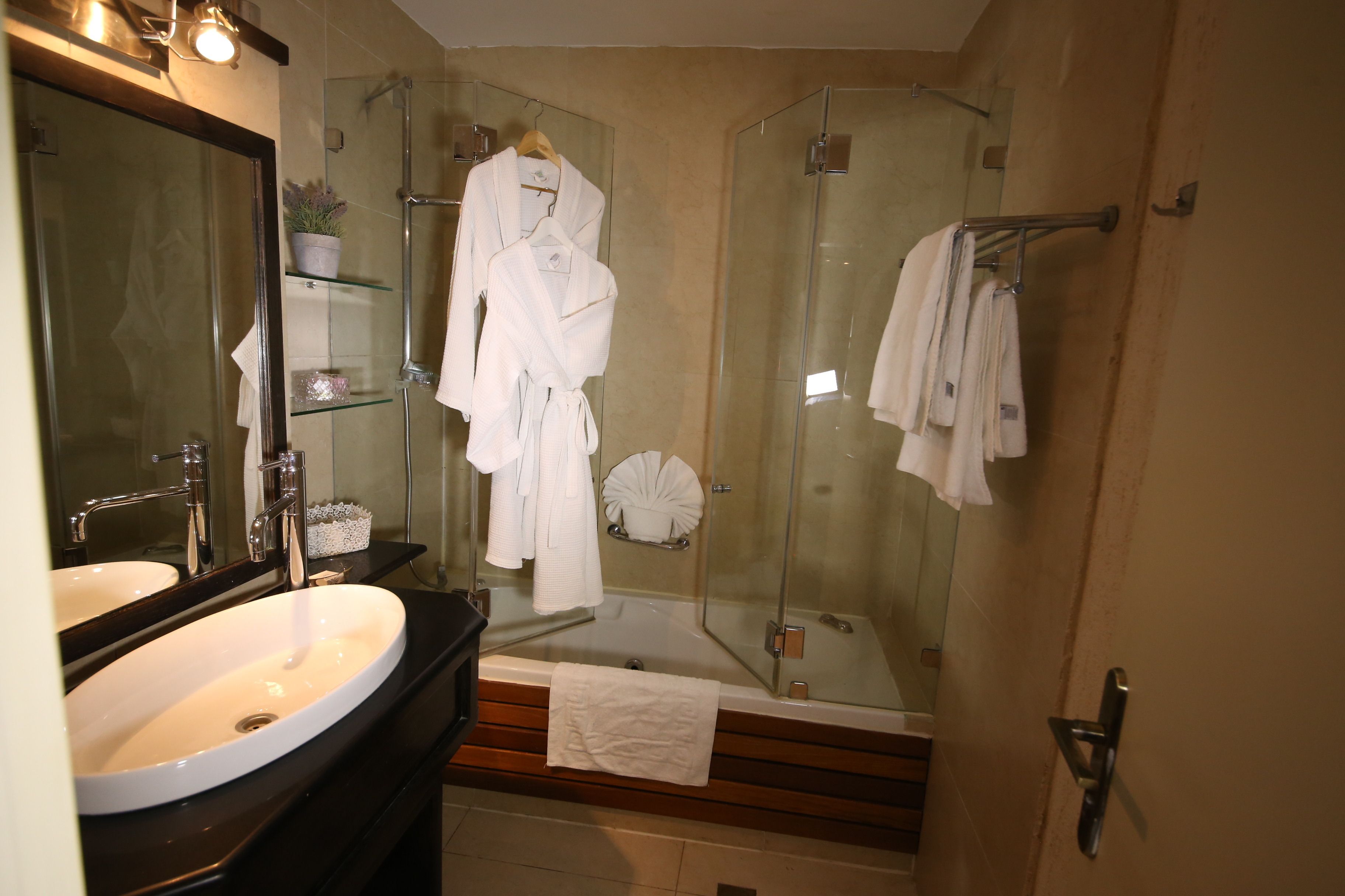 royal room | bathroom | hair dryer, dressing gowns, slippers, towels