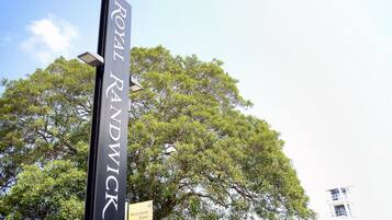 A sign for "Royal Randwick" with directions to the Races and a parking sign.