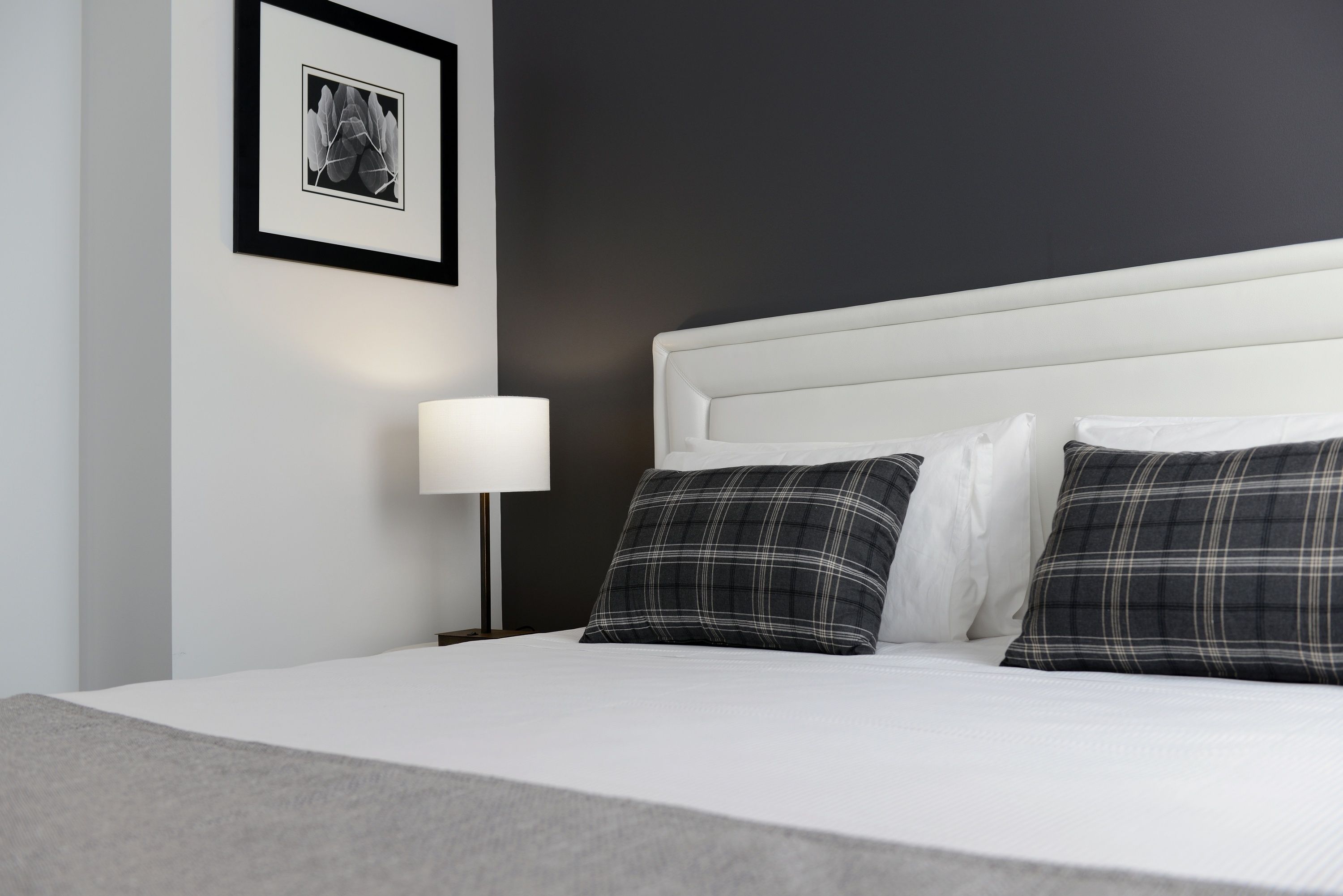 A neatly made bed with white and plaid pillows, a framed picture on the wall, and a bedside lamp.