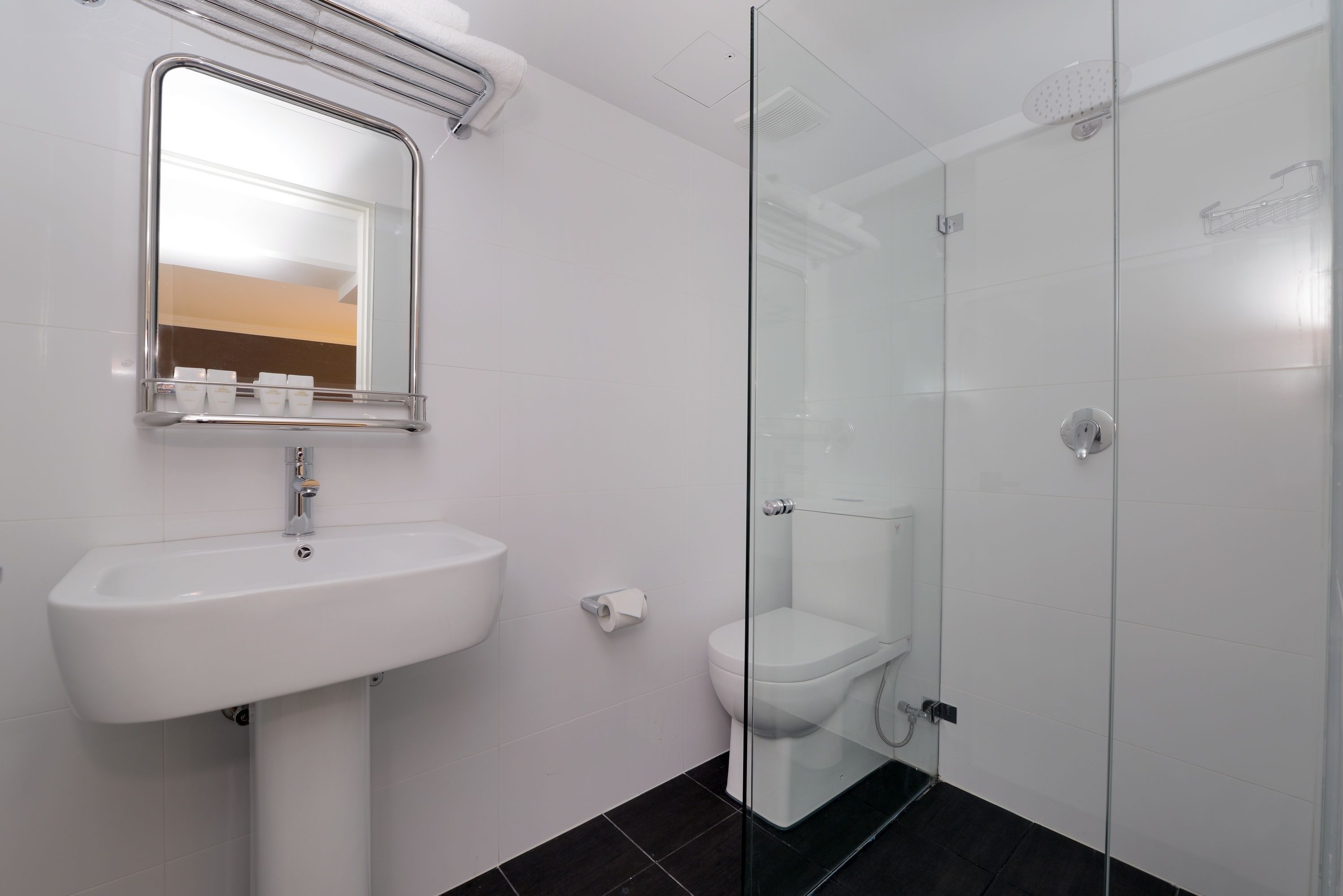 A modern bathroom with a white sink, a mirror, a toilet, and a glass-enclosed shower area.