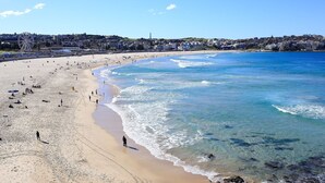 A beach with clear blue water, a sandy shore, and a distant town. - Perouse Randwick by Sydney Lodges (Randwick)