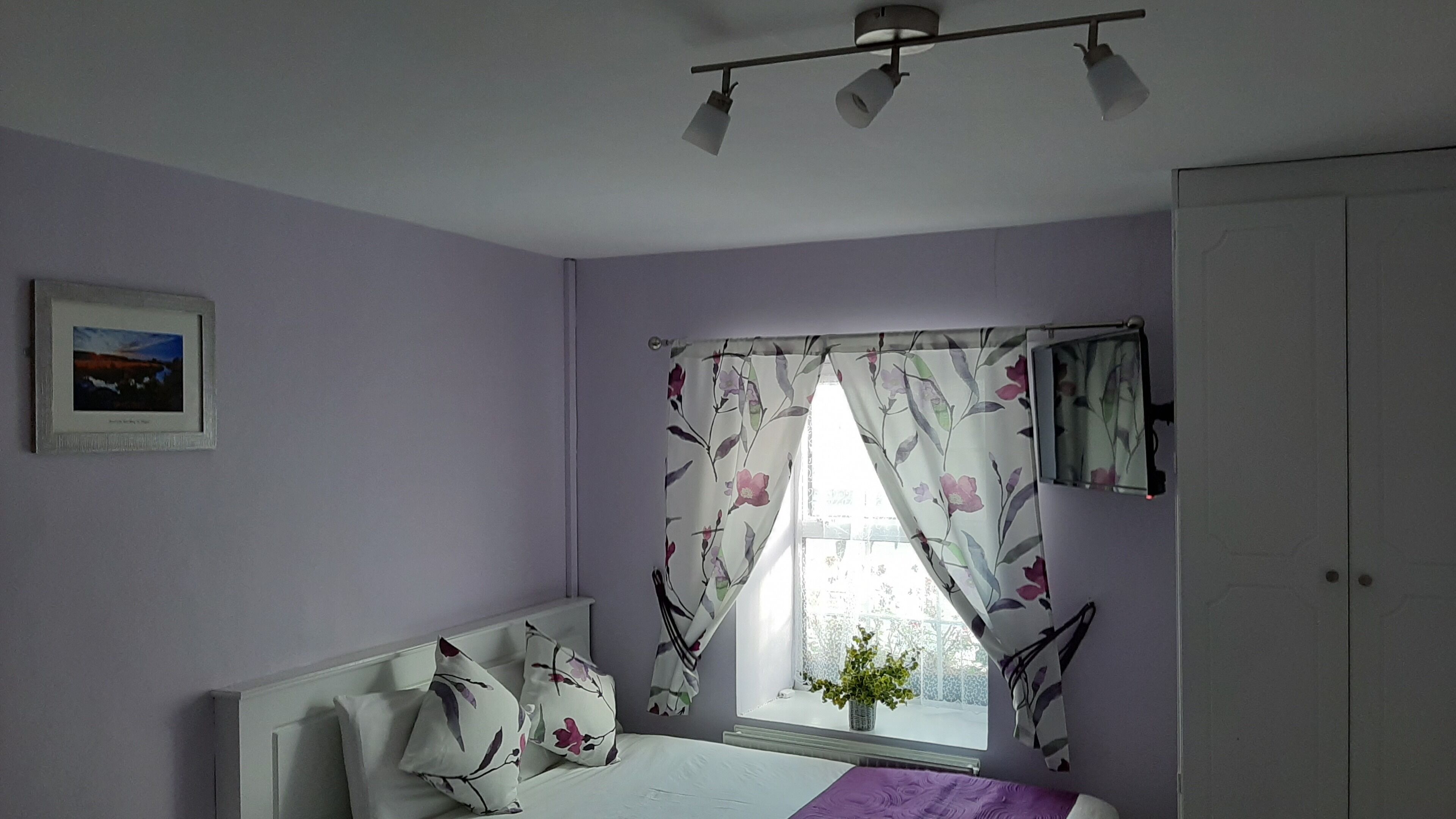 A bedroom with a bed, a window with floral curtains, a bedside plant, and a ceiling light fixture.