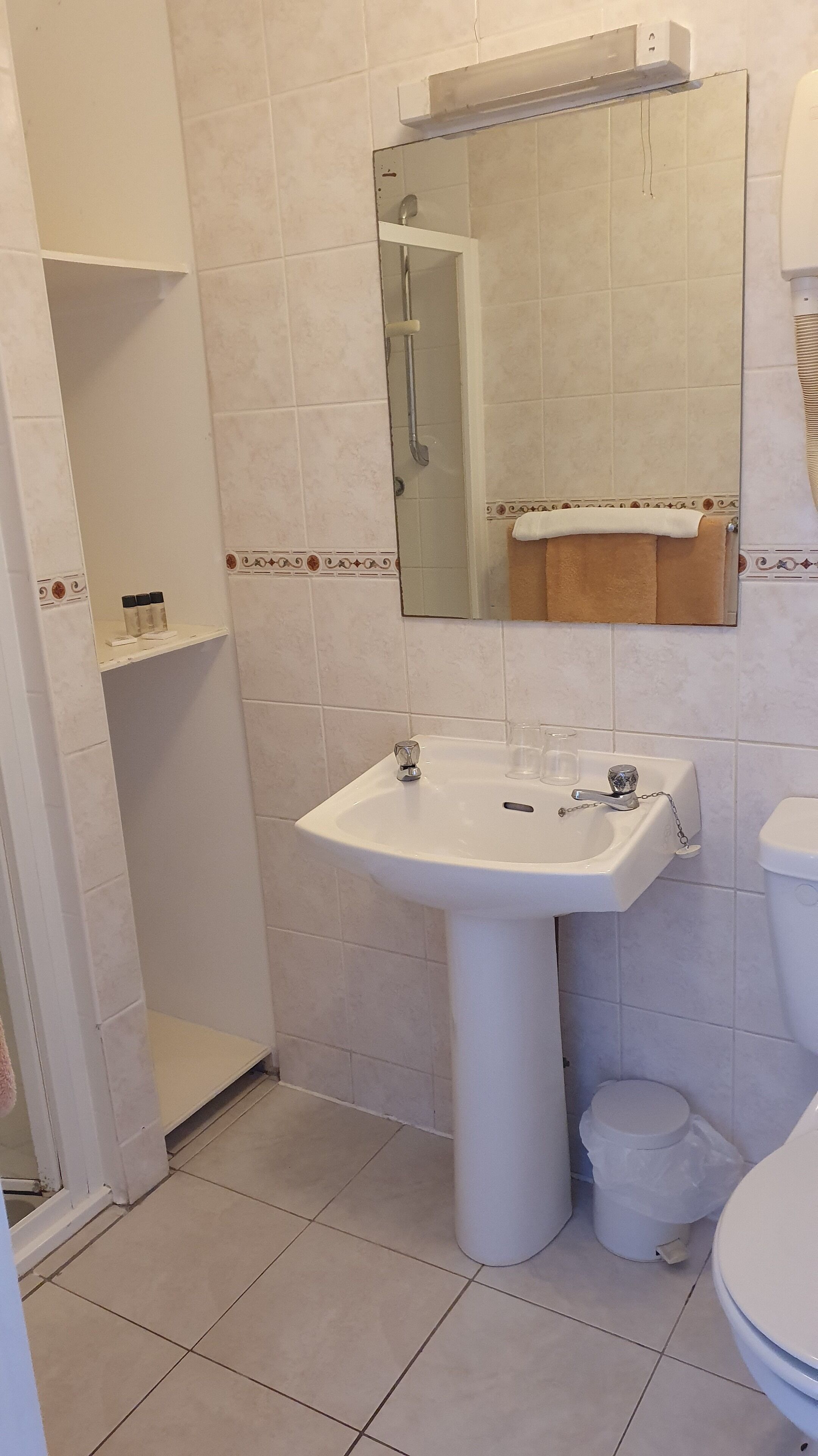 Een badkamer met een wastafel op een zuil, een spiegel, een douche en een toilet.