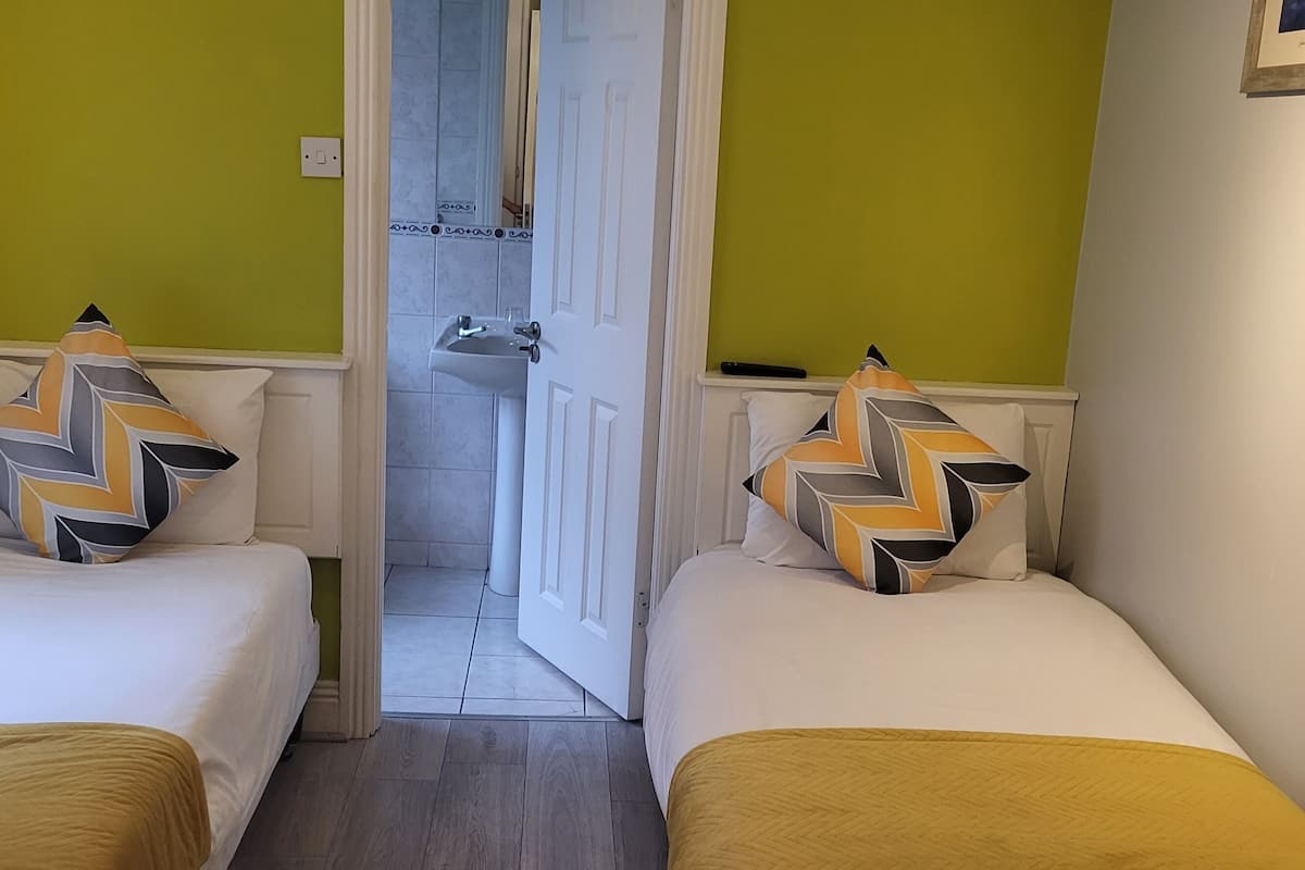 A hotel room with two beds, each with patterned pillows, a white door, and a view of a bathroom.