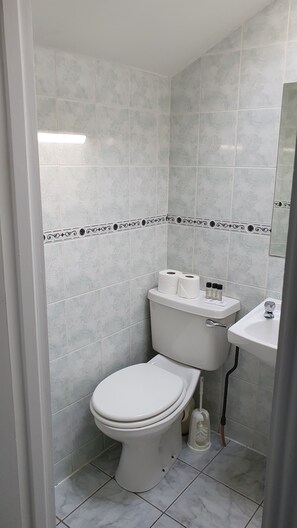A bathroom with a toilet, bidet, and sink.