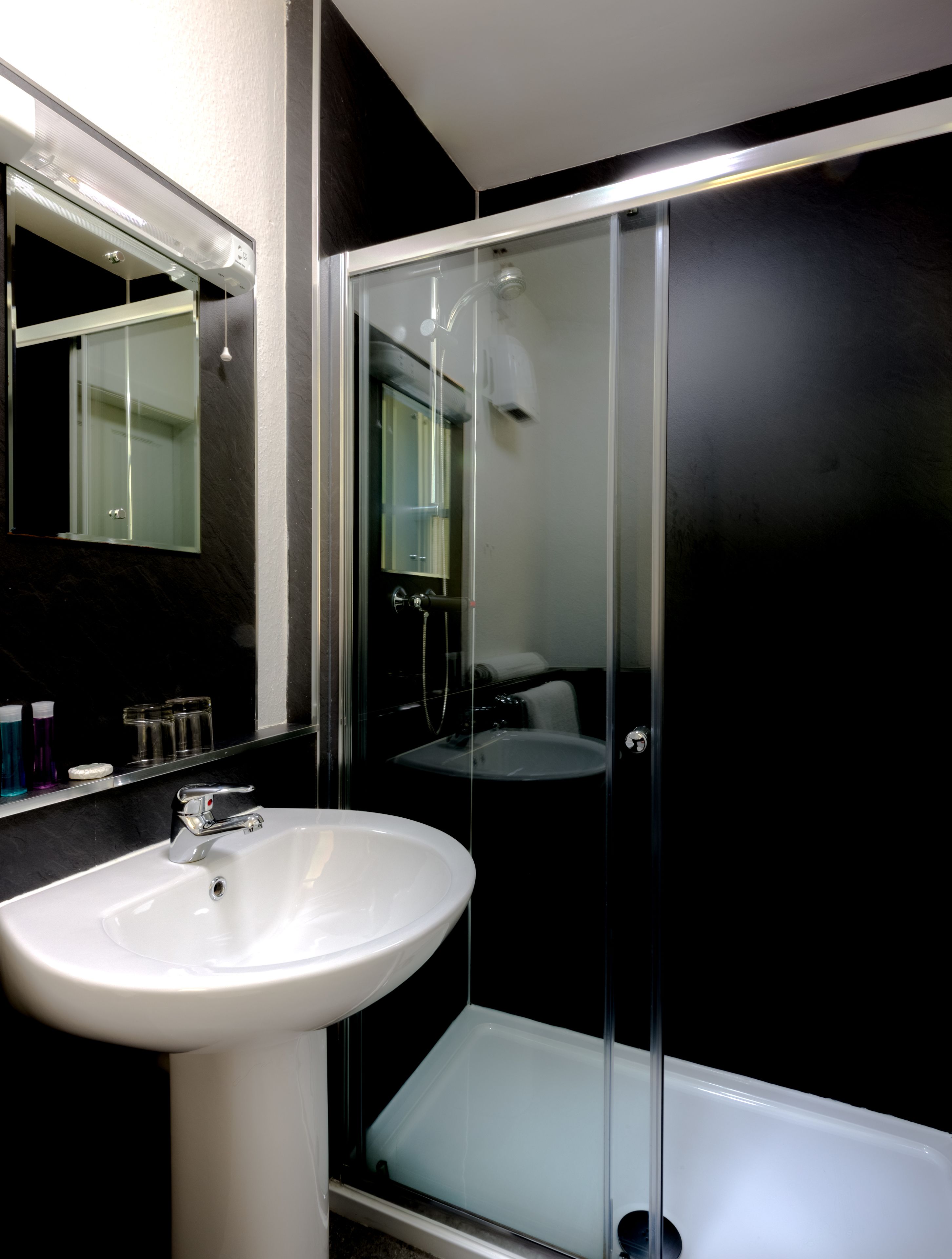 small double | bathroom | shower, hair dryer, towels