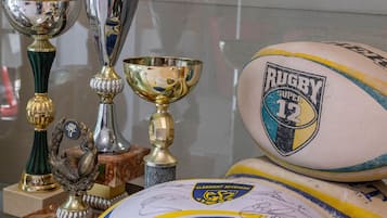 Trofeeën en rugbyballen staan er.