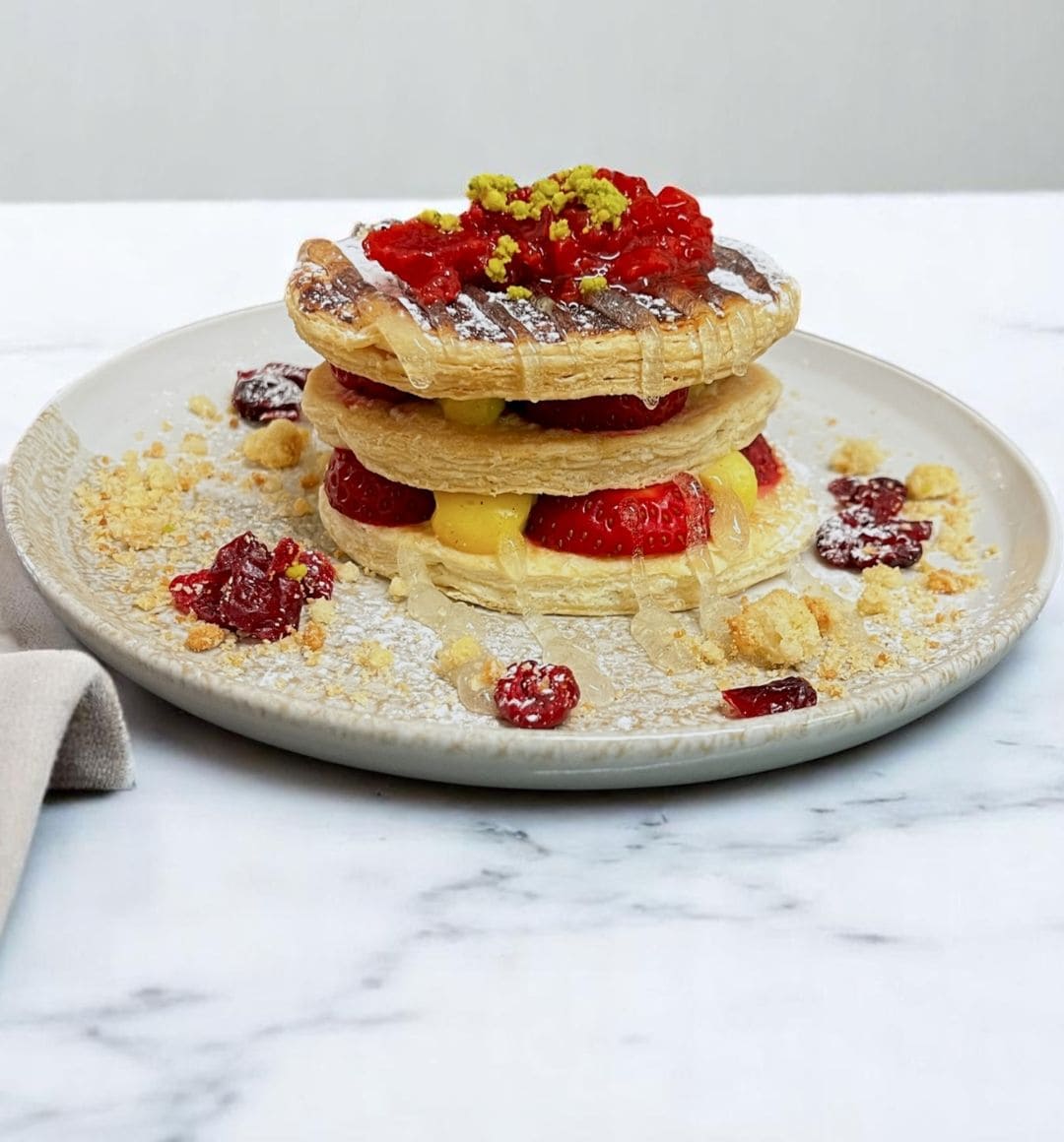 A stack of layered pastries with fruit toppings on a plate.