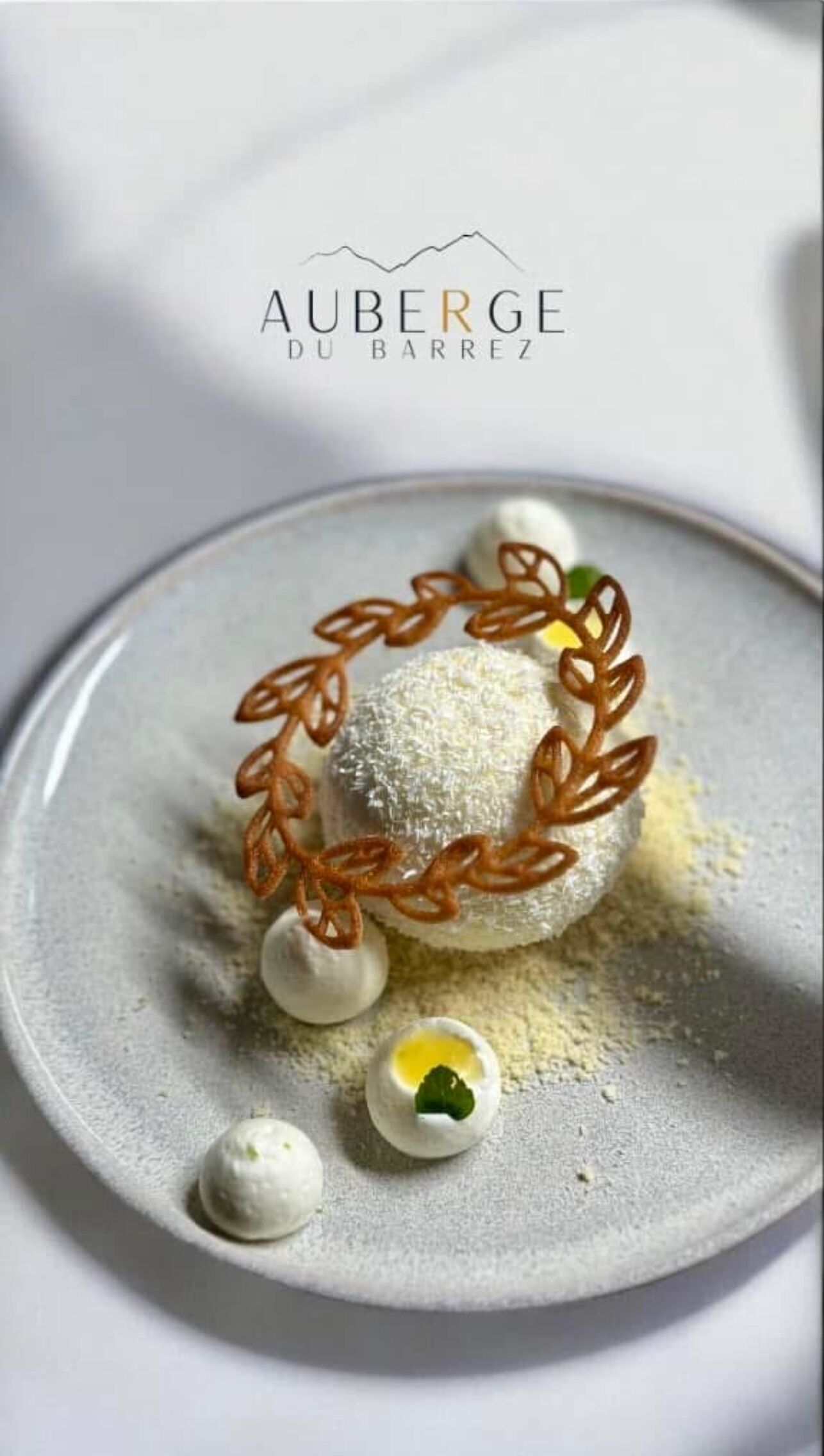A dessert on a plate with a logo above it.