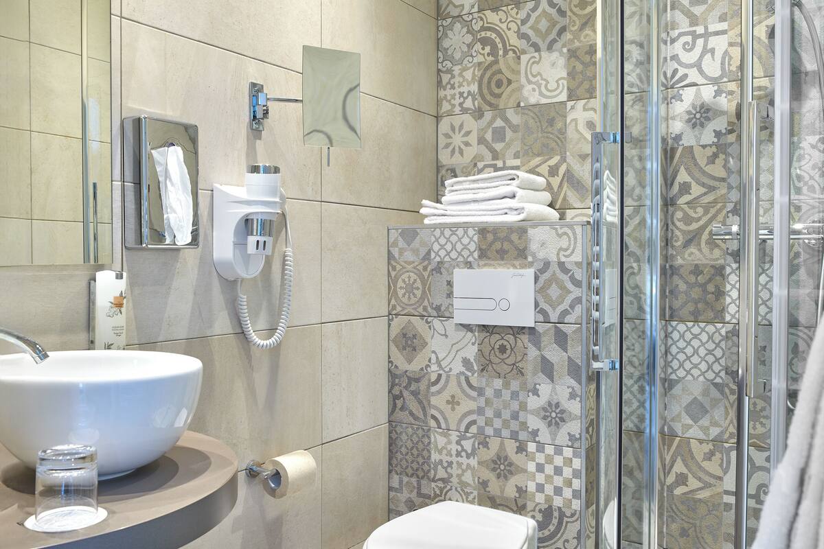 free toiletries, hair dryer, towels, soap