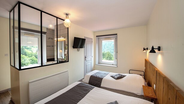 A bedroom with two beds, a large mirror, a TV, and a window with a view of trees. - Hotel De la Grande Cascade (Le Tholy)