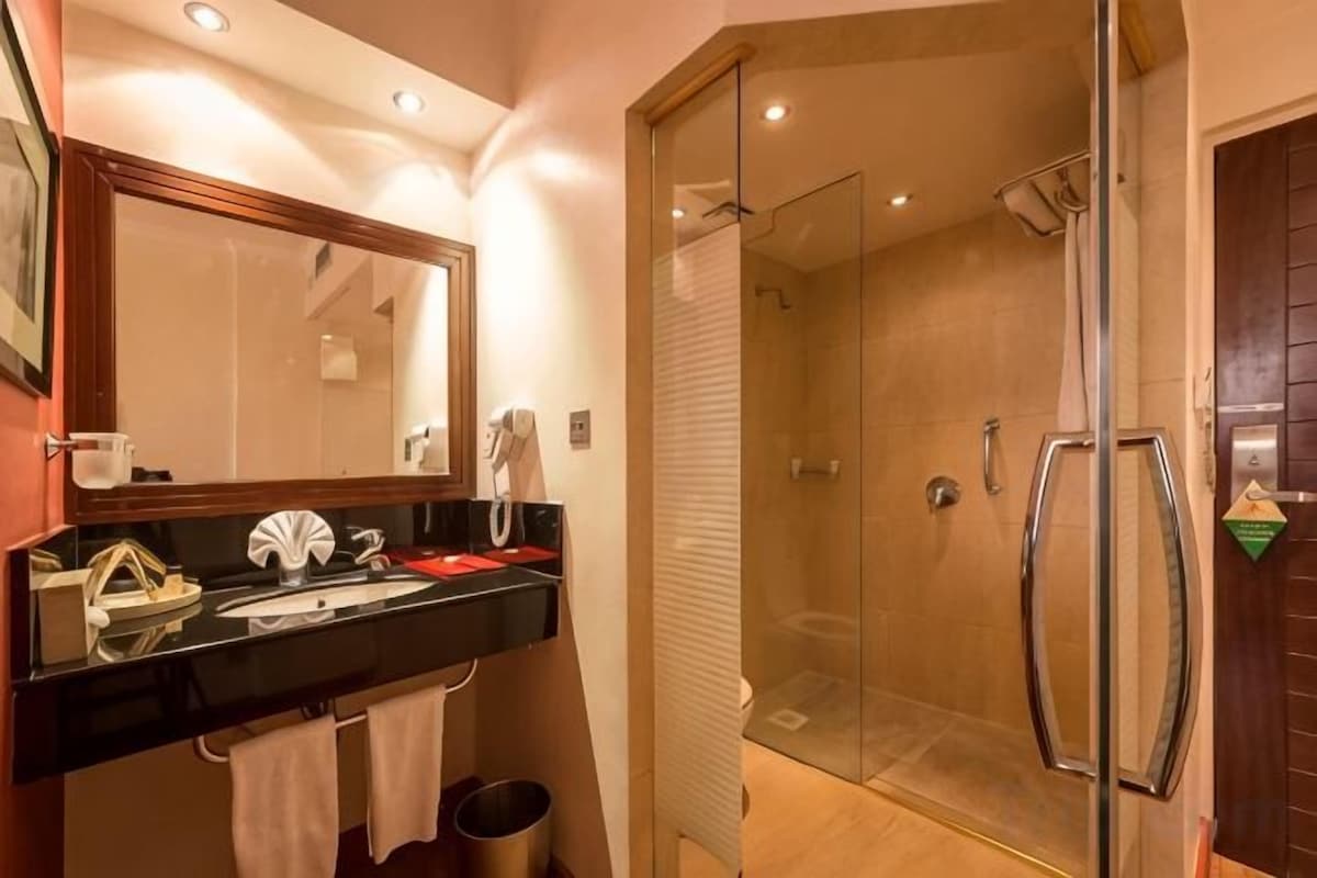 Combined shower/tub, free toiletries, hair dryer, bathrobes