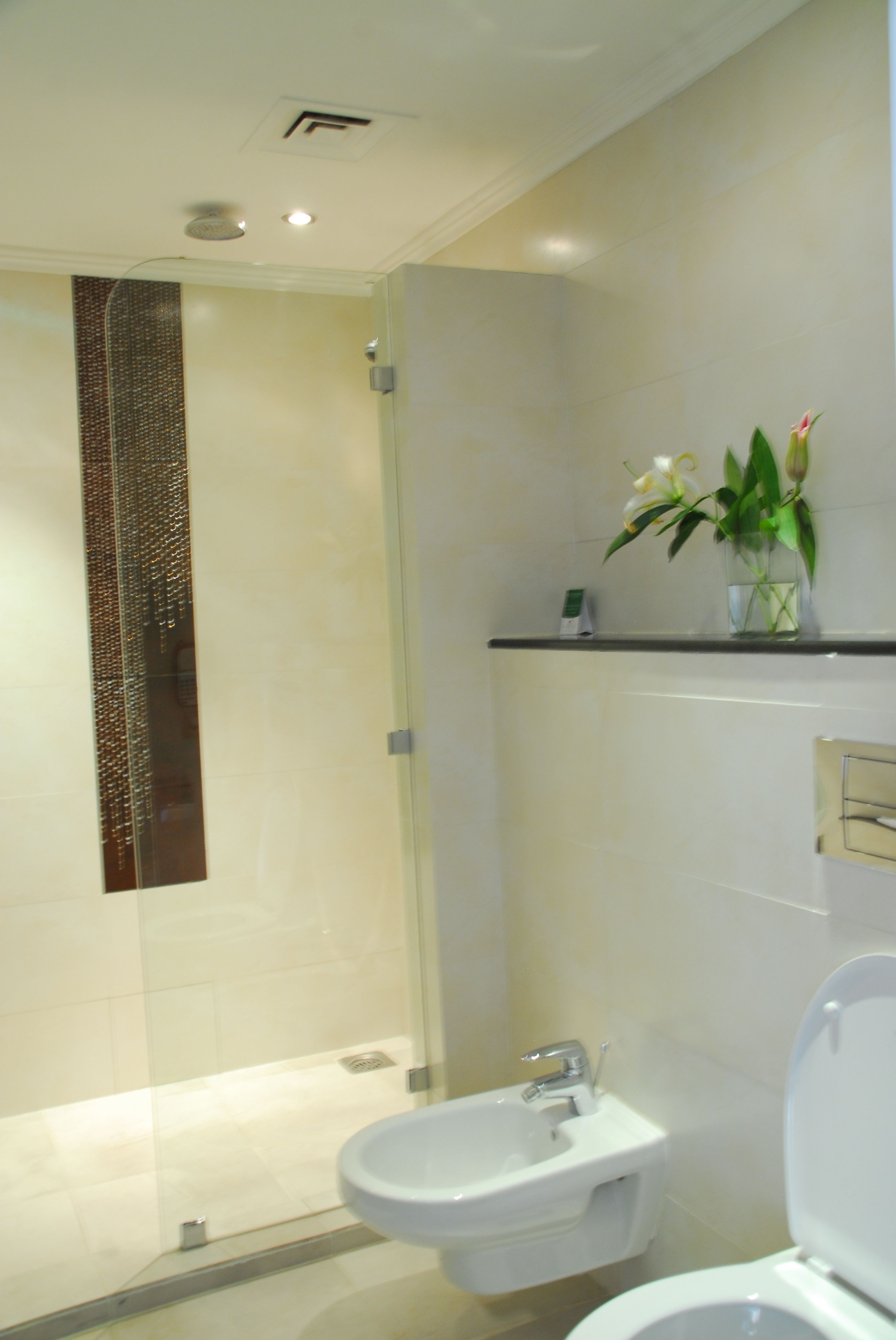 Ein modernes Badezimmer mit Duschkabine aus Glas, einem Bidet und einer Toilette.