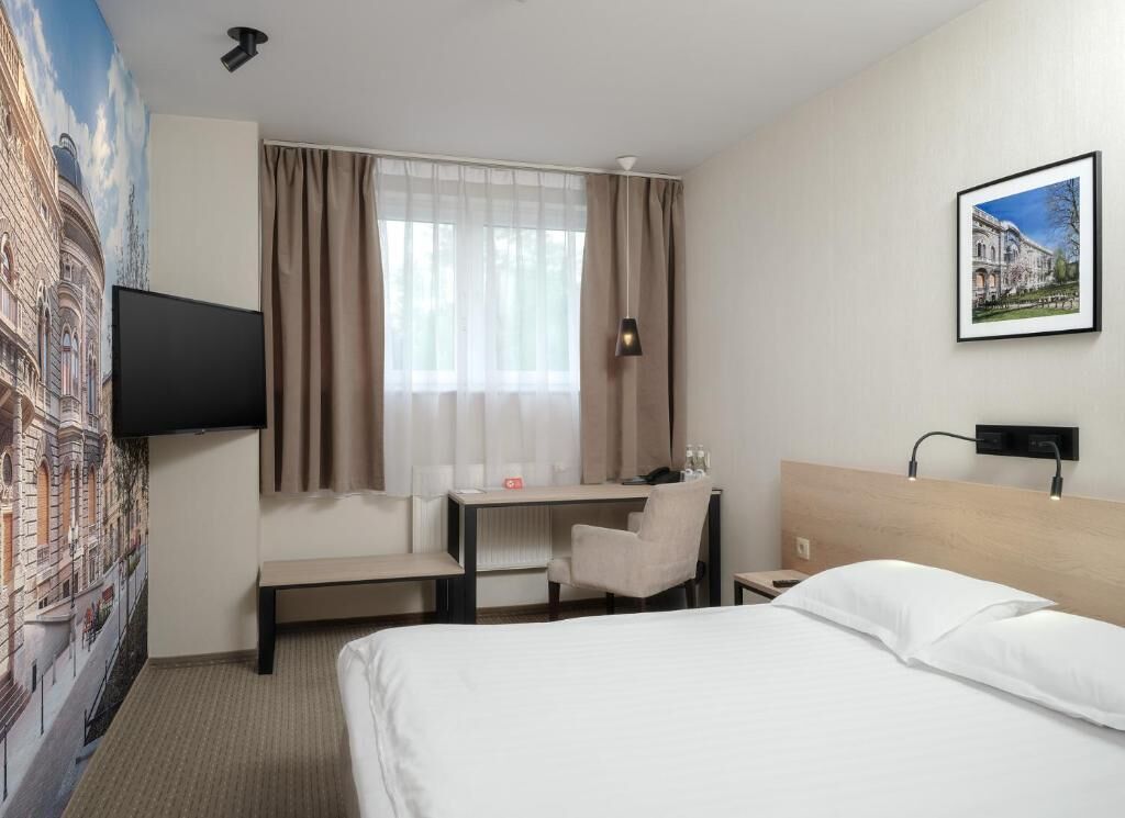 Une chambre d’hôtel avec un lit, un bureau, une chaise, une télévision et un tableau au mur.