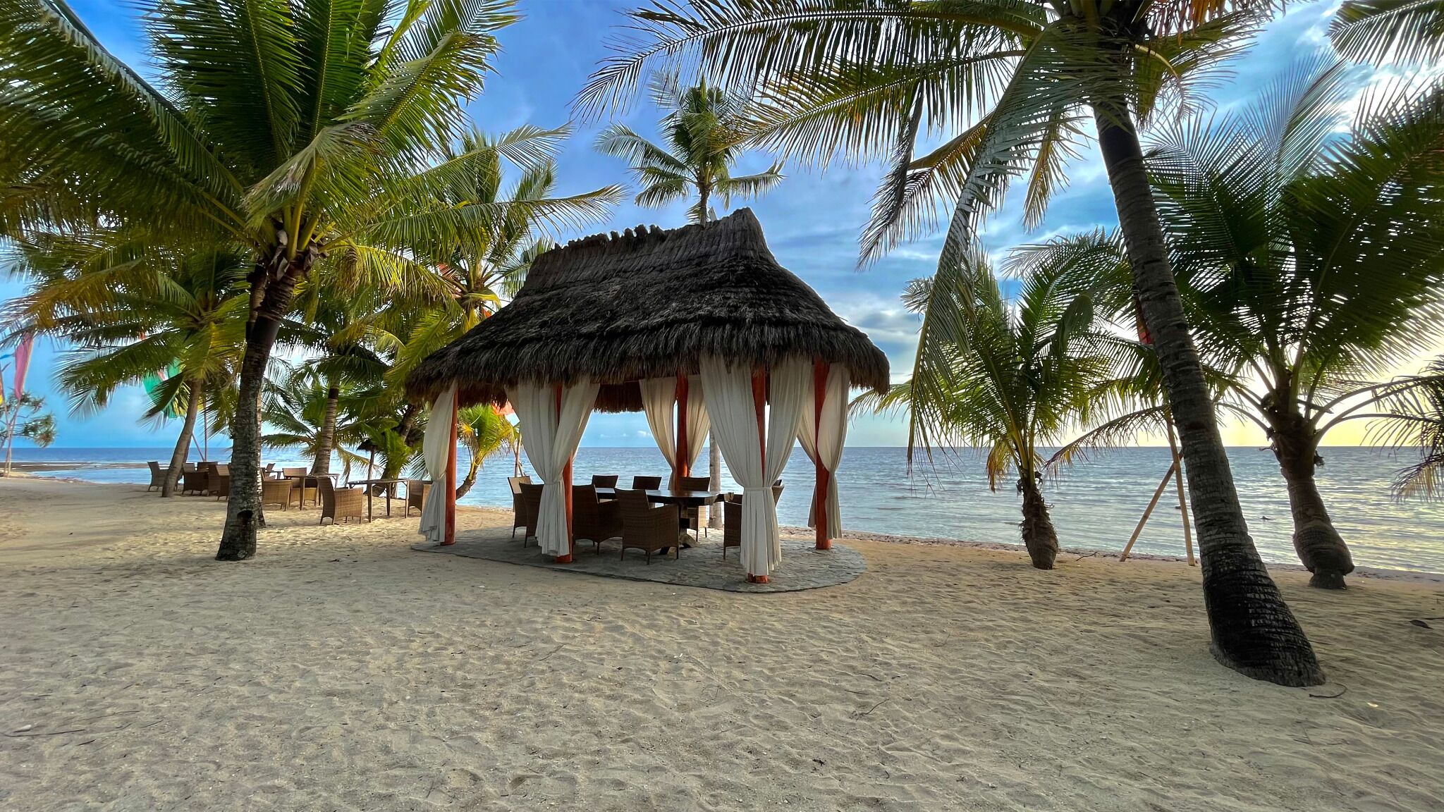 Un chalet de plage avec un toit de chaume, entouré de palmiers et offrant une vue sur l’océan.