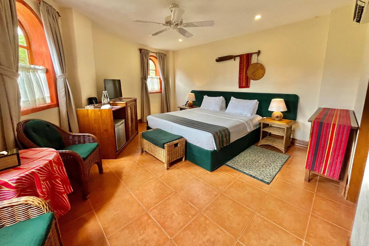 A hotel room with a bed, a desk, a chair, a television, and a ceiling fan.