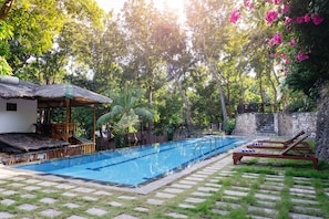 Outdoor pool, open 9:00 AM to 10:00 PM, pool loungers