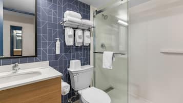Shower, free toiletries, hair dryer, towels