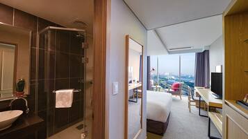 Habitación de hotel con baño, cama, escritorio y vistas a la ciudad.