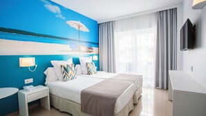 A hotel room with a large bed, a bedside table with a phone, a flat-screen TV, and a painting of a beach scene on the wall. - BQ Carmen Playa Hotel - Adults Only (Palma de Mallorca)
