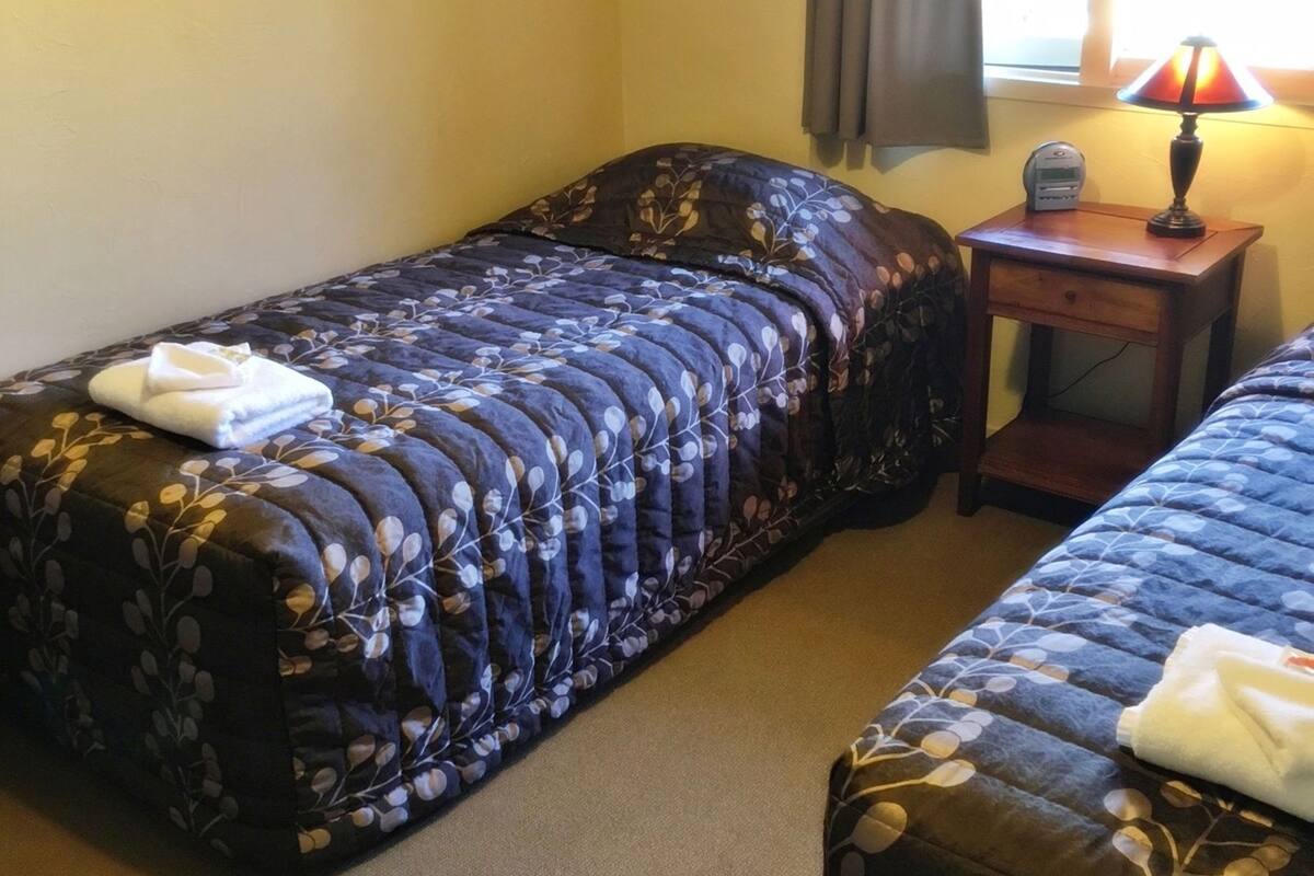 A bedroom with two beds, a bedside table with a lamp, and a clock.