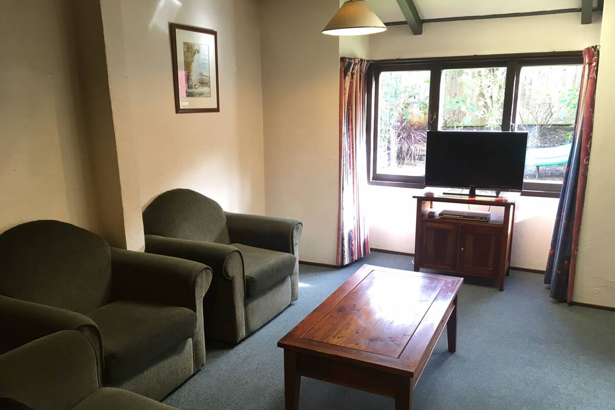 A living room with a sofa, a wooden coffee table, a television on a stand, and a window with curtains.