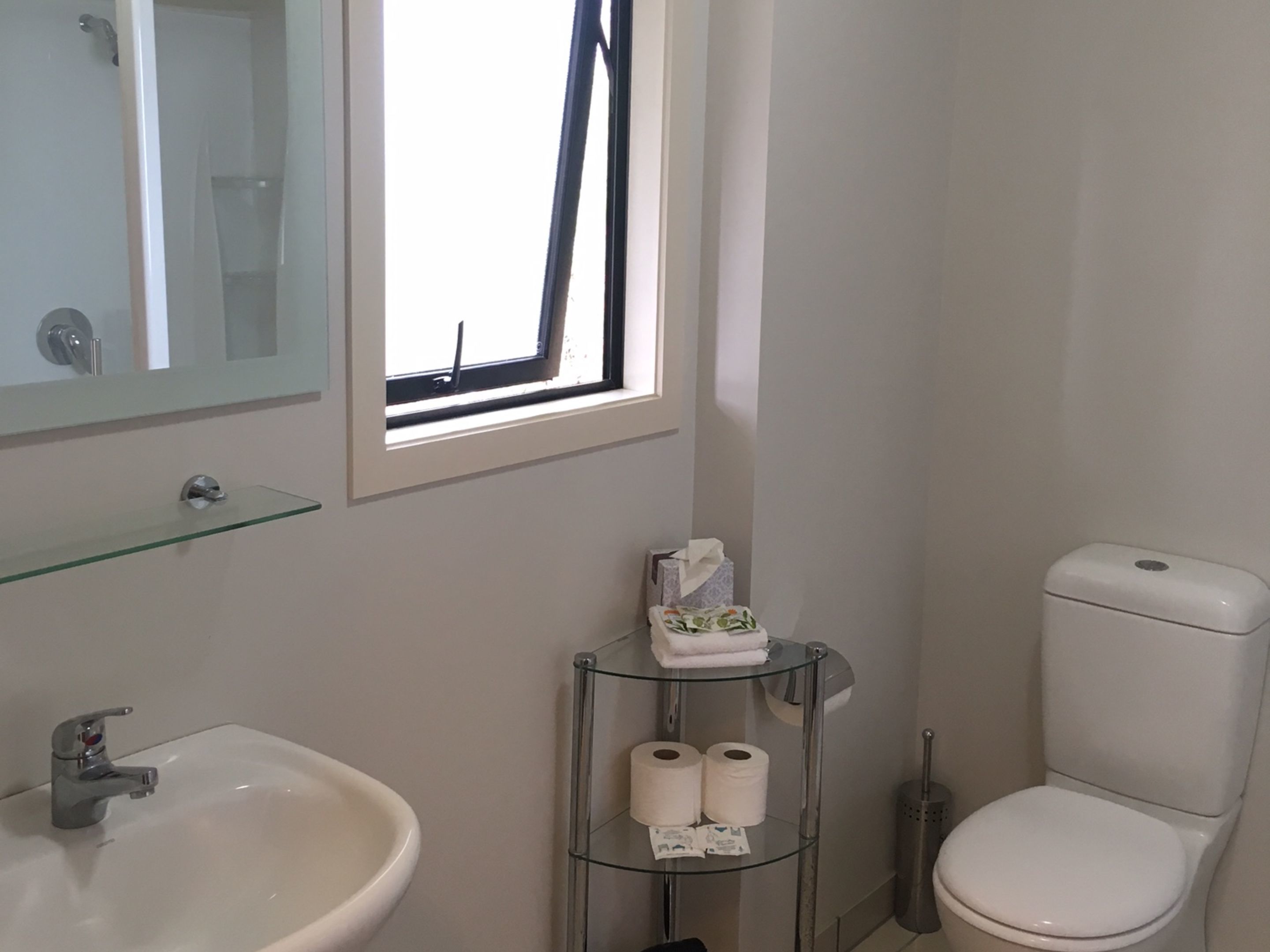 A bathroom with a white sink, a mirror, a window, a toilet, and a glass shelf with toiletries.