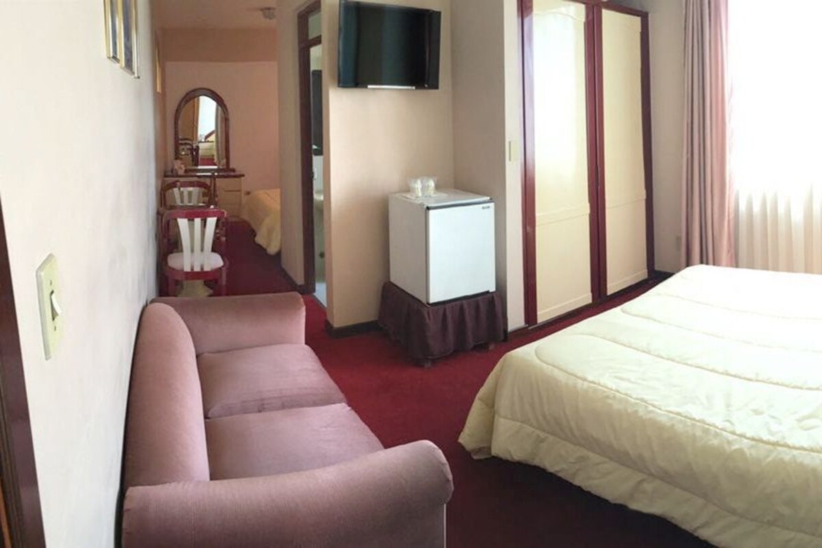 A hotel room with a bed, a desk, a chair, a mirror, a television, and a wardrobe.