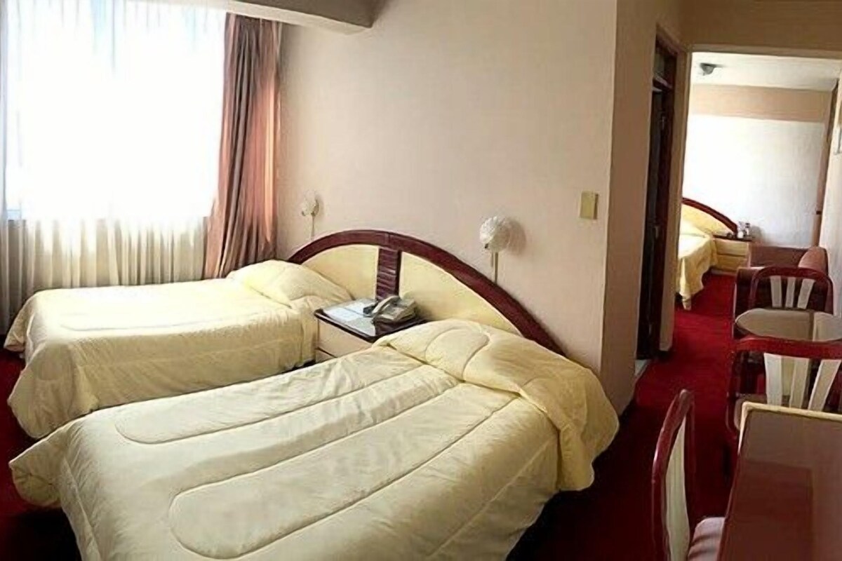 Habitación de hotel con dos camas, alfombra roja, televisión en la pared y ventana con cortinas.