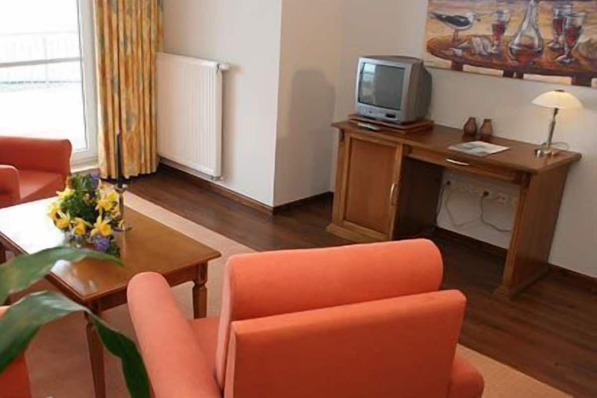 Une pièce avec des chaises orange, une table en bois sur laquelle est posé un vase de fleurs, un téléviseur sur un meuble en bois et un radiateur.