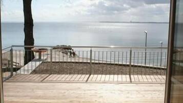 A wooden deck with a metal railing overlooking a body of water.