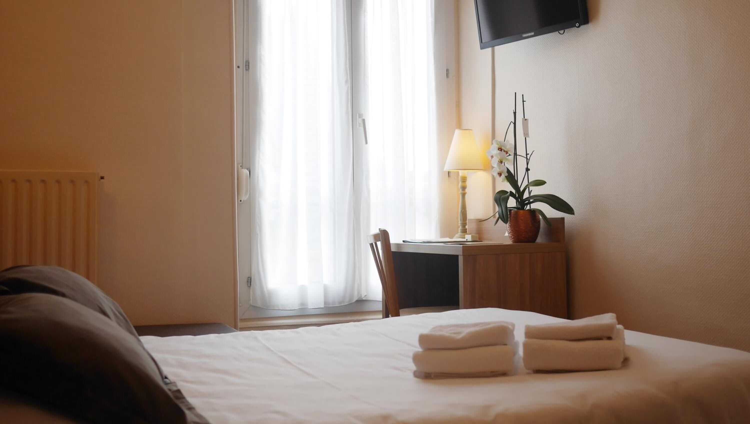 A hotel room with a bed, a desk, a chair, a lamp, a potted plant, and a TV mounted on the wall.