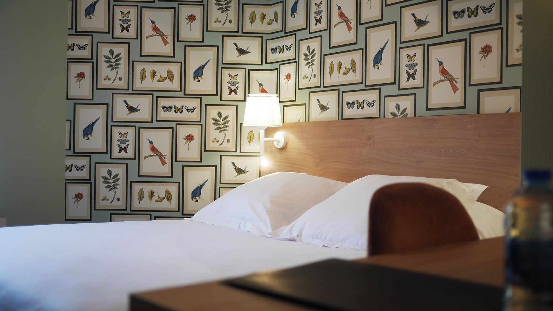 Een hotelkamer met een bed, een nachtkastje en een muur versierd met ingelijste botanische en vogeltekeningen.
