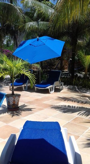 Alberca al aire libre y camastros 