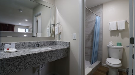 Shower, hair dryer, towels, soap. Royal Inn