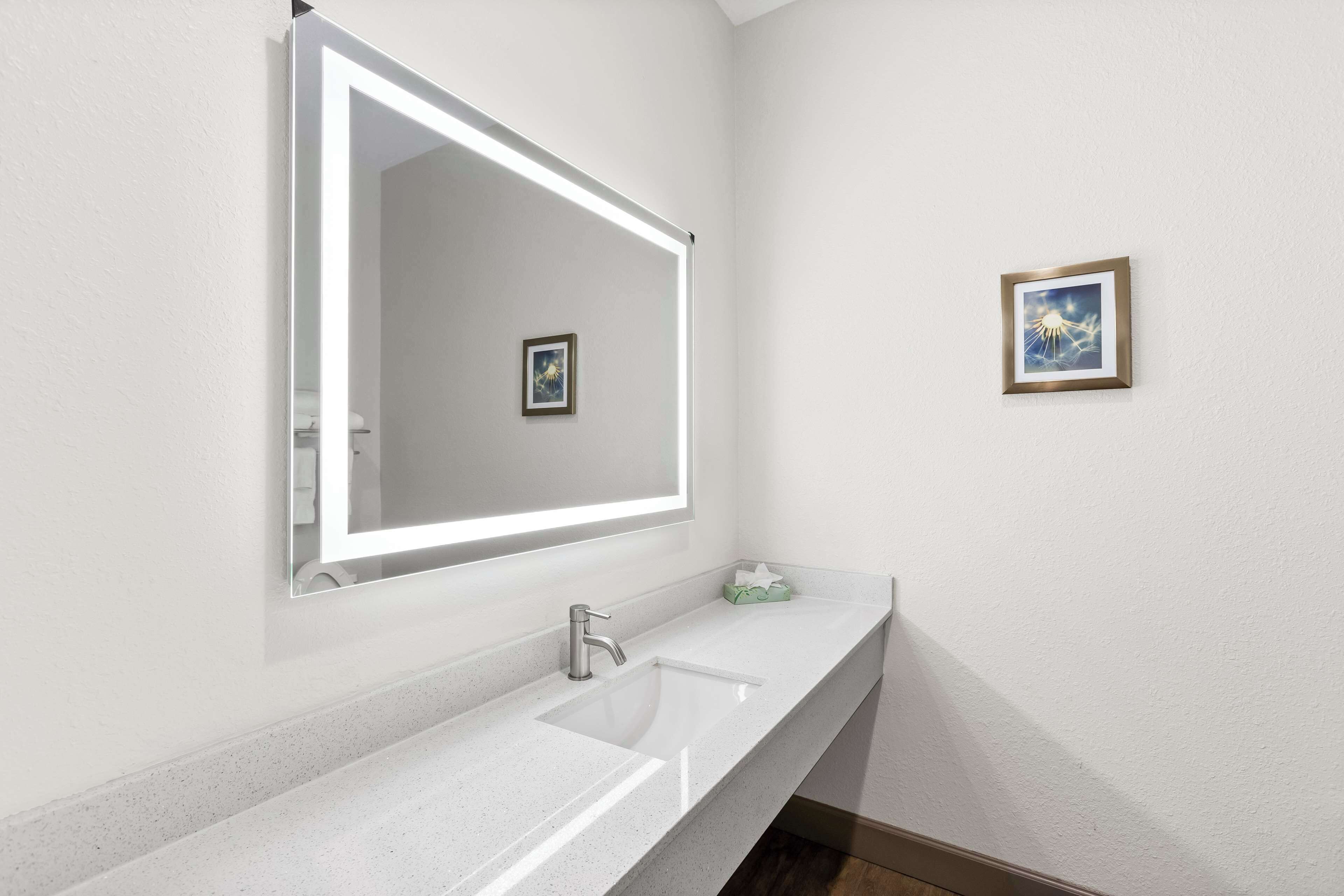 Un baño con encimera blanca, lavamanos, espejo y un cuadro enmarcado en la pared.