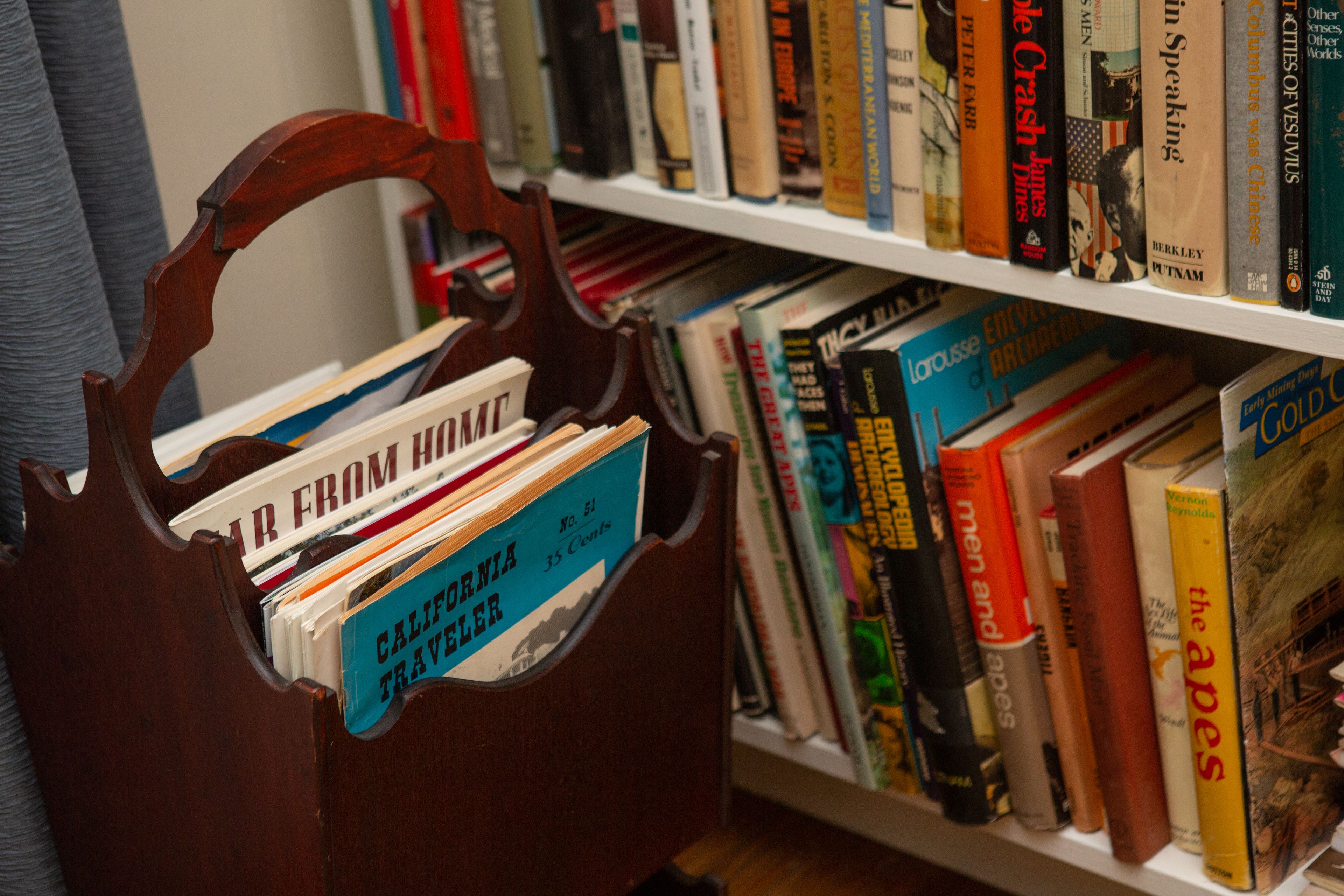 A wooden bookcase with a variety of books, including travel literature.