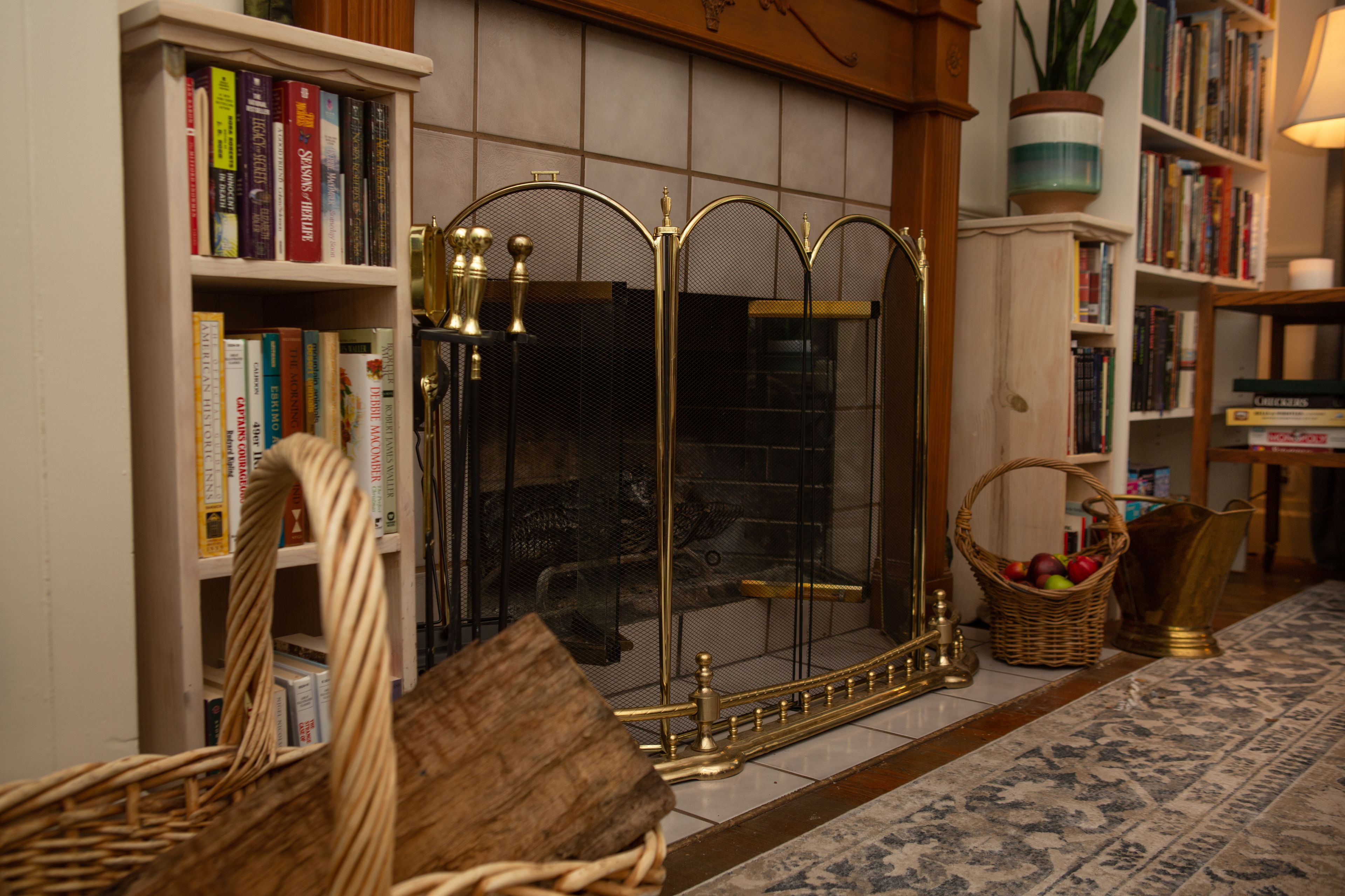 Una sala de estar acogedora con chimenea, estanterías, un sillón de mimbre y una alfombra estampada.