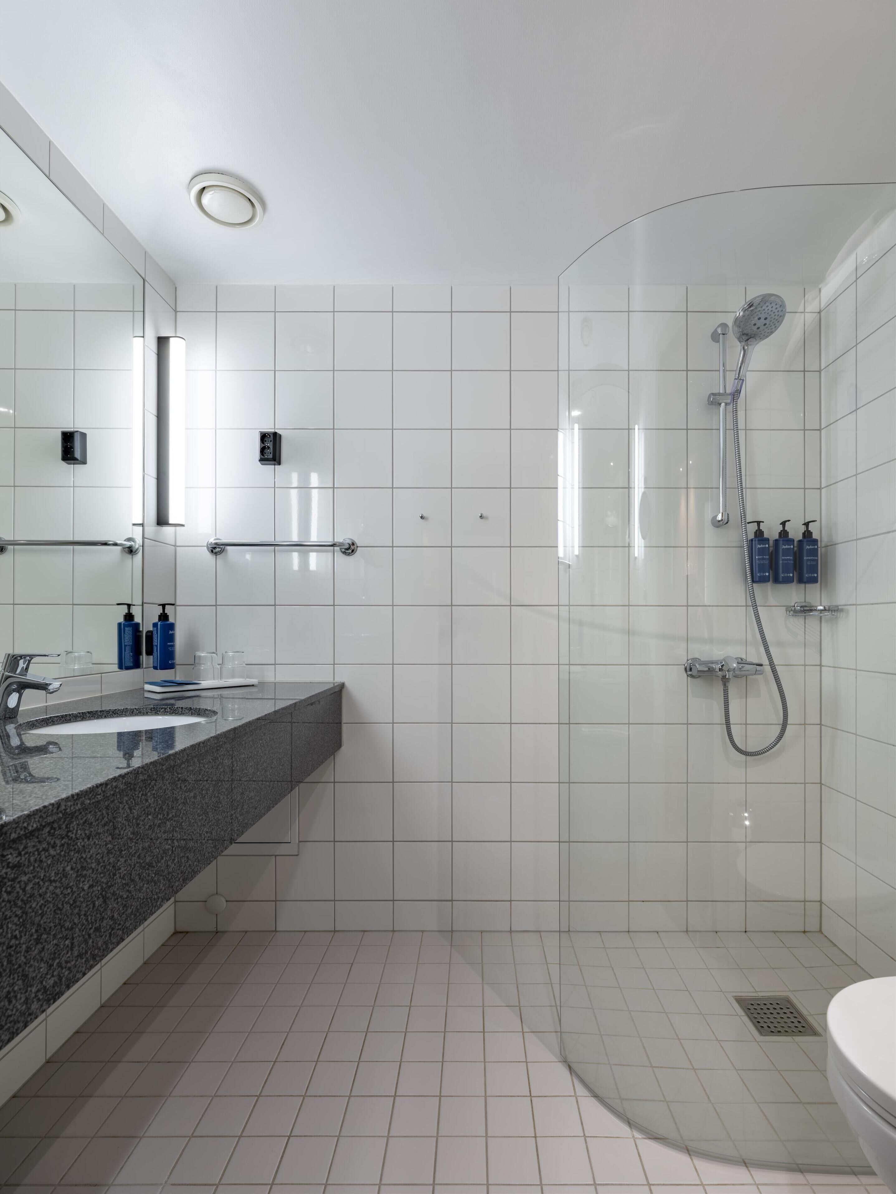 A modern bathroom with a granite countertop, a large mirror, a shower with a handheld showerhead, and a toilet.