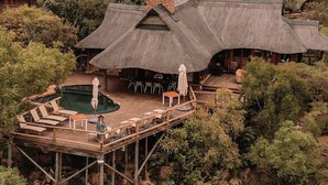 A thatched-roof building with a pool and outdoor seating area, surrounded by lush vegetation. - Tshwene Lodge (Vaalwater)